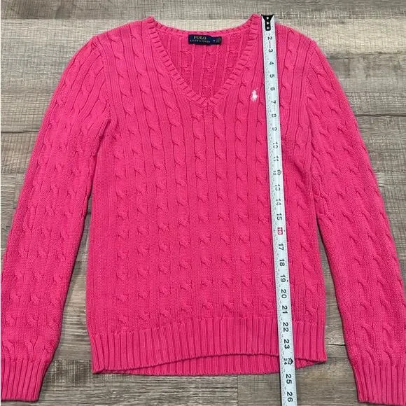 Polo Ralph Lauren Womens Size Medium Pink Cotton Cable Neck V Neck Sweater - Picture 6 of 7